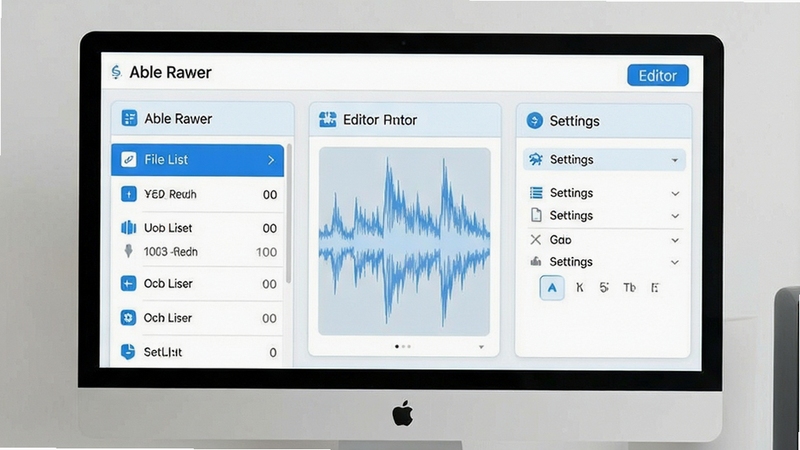 Able Rawer clean user interface layout, three clearly divided sections for file list waveform editor and settings, intuitive icons and labels, light color scheme with blue accents, user-friendly design concept, software UI mockup, high clarity