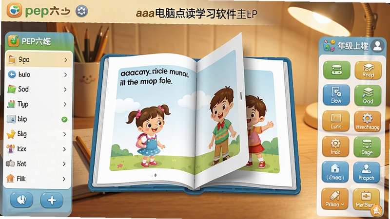 aaa电脑点读学习软件pep六年级上册主界面全貌展示,画面正中央为打开的电子课本翻页效果,左右两侧分别为单词列表与功能按钮区,背景为柔和的书桌场景,暖色调光线,高清细节,教育软件风格