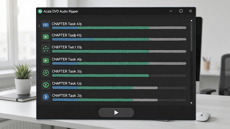 Acala DVD Audio Ripper����ת�������б�ʾ��ͼ������չʾ����½�����ͬʱ���У��������Ȳ��ƽ��������·���Ԥ�����Ű�ť������Ϊ��Լ�칫���������������ڴ��ڱ��⴦�����ɼ�