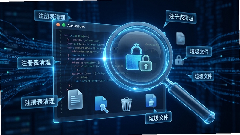 Ace Utilities软件进行深度扫描的视觉概念图,画面主体是一个发光的数字化放大镜,正在检查一个由代码和文件图标构成的复杂系统结构,背景是深蓝色的数据流,画面中漂浮着“注册表清理”、“垃圾文件”等关键词标签,风格为高科技写实,细节丰富,强调软件的深度扫描与修复能力