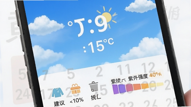 一张体现黄历万年日历天气与生活功能的图片,画面展示手机界面局部,上方是晴朗的蓝天白云和温度数字,下方是穿着建议图标和紫外线强度条,背景融合了淡淡的农历日期水印,整体风格清新明亮,适合Boogu模型生成