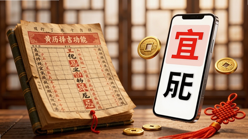 一张展现黄历择吉功能的AI图片,画面左侧是一本翻开的传统老黄历,右侧悬浮着现代智能手机,手机屏幕高亮显示着红色的宜和黑色的忌字样,周围点缀着金色的铜钱和红色的中国结元素,背景是虚化的中式窗棂,细节丰富,光影柔和