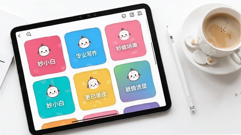 ��С��Ӧ�ý�����չʾ�����ɫģ�忨Ƭ�������У�ÿ�ſ�Ƭ������ͬд����������Ƭ����Сͼ��ͱ������֣�����Ϊ�ɾ��İ�ɫ����̨���Ա߷���һ֧���رʺ�һ�����ȣ�������������