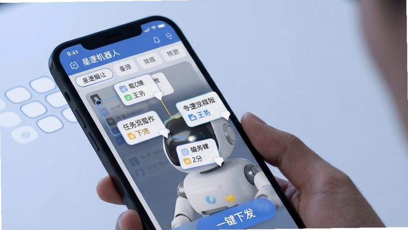 星逻机器人任务编排界面,画面展示手机屏幕中拖拽式任务流程编辑器与一键下发按钮,背景为柔和浅色,突出操作便捷性,适配Boogu模型生成
