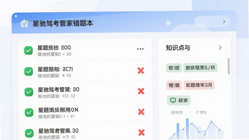 星驰驾考管家错题本功能界面,画面展示错题列表与知识点标签,背景为白色卡片式布局,点缀绿色对勾与红色叉号图标,突出学习反馈感,适合Boogu模型生成