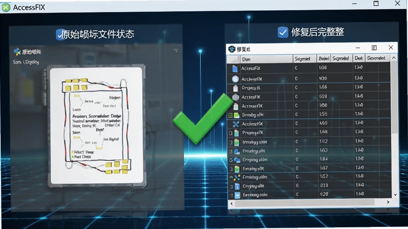 AccessFIX软件修复完成后的数据对比界面,左侧显示原始损坏文件状态,右侧显示修复后完整的数据表,中间用绿色对勾连接,背景为科技感蓝色网格