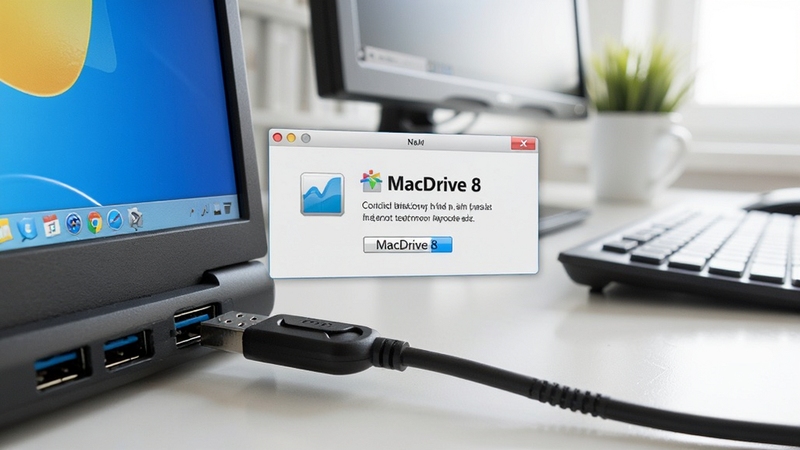 MacDrive 8 即插即用功能展示,画面中一只 U盘插入 Windows 电脑 USB 接口,屏幕上弹出 MacDrive 8 识别成功的提示窗口,背景为办公桌面环境,光线明亮,突出便捷性