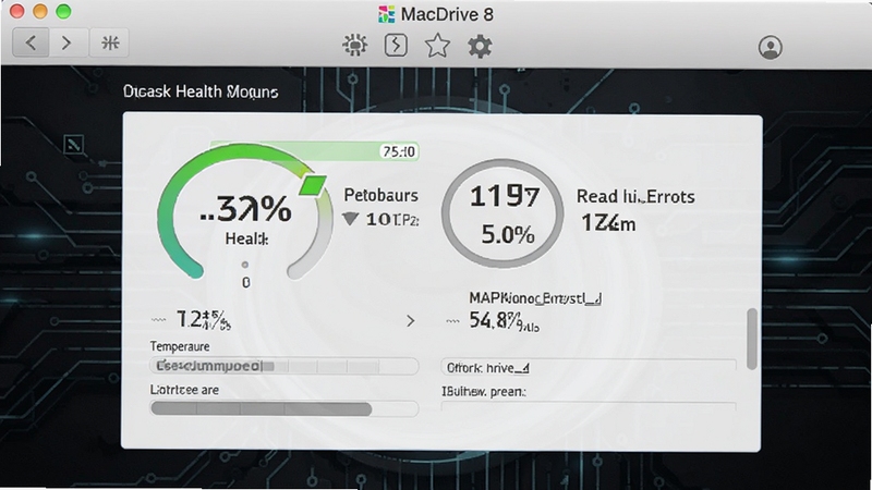 MacDrive 8 磁盘健康监测界面,画面显示软件中的磁盘状态面板,包含健康度百分比、温度、读写错误计数等数据,界面风格专业,背景为深色科技纹理
