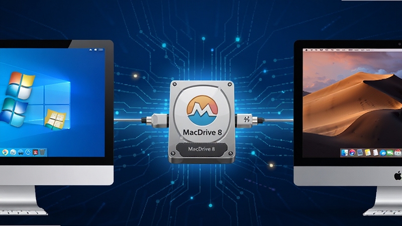 MacDrive 8 跨平台磁盘读写功能示意图,画面左侧为 Windows 电脑,右侧为 Mac 电脑,中间通过一个带有 MacDrive 8 标志的硬盘图标连接,背景为科技感线条,突出数据互通概念,整体风格简洁明快