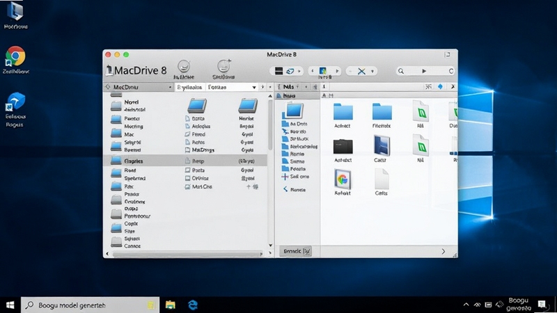 MacDrive 8 软件界面全貌展示,画面中央为软件主窗口,左侧显示 Mac 磁盘列表,右侧为文件浏览区域,背景为简洁的 Windows 桌面环境,整体色调以蓝色和白色为主,突出专业工具软件质感,适配 Boogu 模型生成