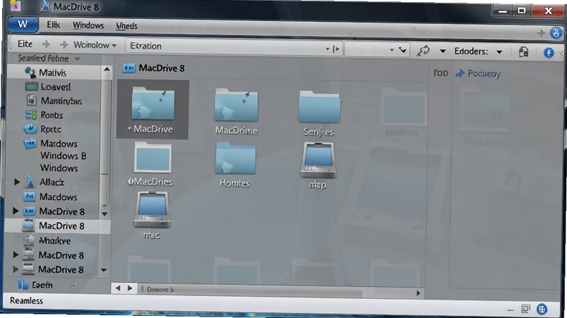 MacDrive 8 集成 Windows 资源管理器效果图,画面为 Windows 文件资源管理器窗口,左侧导航栏显示 Mac 磁盘图标,右侧文件列表展示 Mac 分区中的文件,界面清晰,突出无缝集成特点