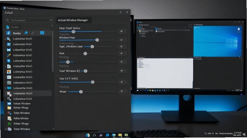 Actual Window Manager 规则配置界面特写,画面中显示一个深色设置面板,左侧为应用程序列表,右侧为窗口位置与尺寸参数滑块,屏幕背景为双显示器桌面,窗口按规则自动分屏排列,整体色调为深灰与蓝色点缀,突出专业工具属性