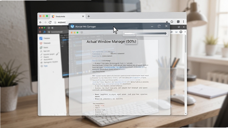 Actual Window Manager 窗口透明度调节效果图,画面中一个文档窗口半透明叠加在浏览器窗口上方,透明度约 50%,背景为办公桌面环境,鼠标指针悬停在窗口标题栏上,旁边显示透明度百分比浮动提示,整体光线柔和,突出功能直观性