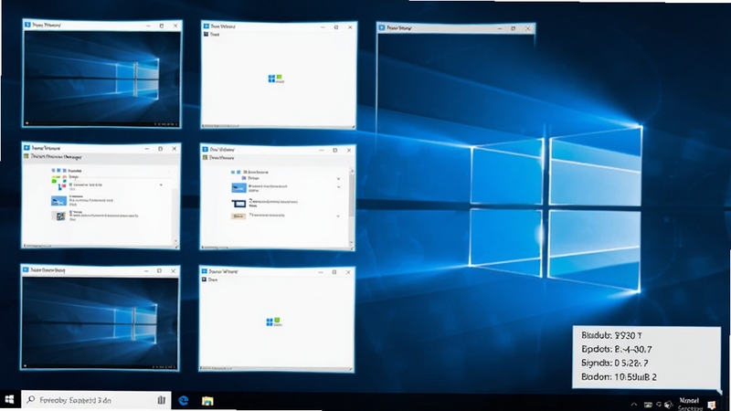 Actual Window Manager 软件界面全貌展示,画面中央为 Windows 桌面,多个窗口以网格状自动排列整齐,背景为深蓝色渐变科技感桌面壁纸,窗口边缘带有淡蓝色高亮边框,右下角显示快捷键提示浮层,整体风格简洁专业,适合软件下载站首图展示