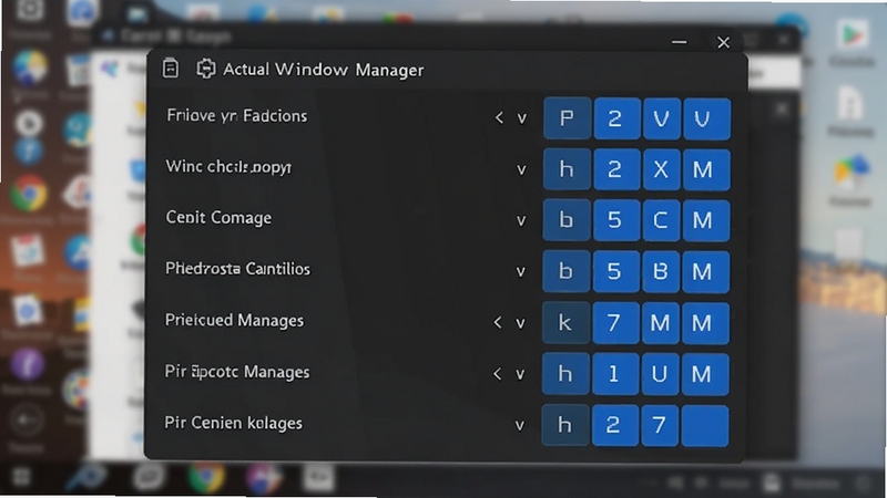 Actual Window Manager 快捷键设置面板截图,画面中显示一个深色主题的快捷键列表,每一行左侧为功能名称,右侧为对应的键盘组合按键,部分按键以蓝色高亮显示,背景为模糊的桌面窗口,突出自定义与灵活性