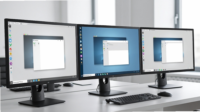 Actual Window Manager 多显示器任务栏扩展示意图,画面展示三台横向排列的显示器,每台显示器底部都有独立任务栏,显示各自屏幕的窗口按钮,主屏任务栏颜色略深,副屏任务栏为浅灰色,背景为简洁办公桌面,整体风格商务清晰