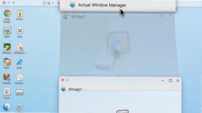 Actual Window Manager 窗口卷起功能演示图,画面中一个邮件窗口被卷起成标题栏细条贴在屏幕顶部,下方露出完整桌面,鼠标指针靠近细条时窗口开始向下展开动画,背景为淡蓝色渐变桌面,整体视觉效果轻量简洁
