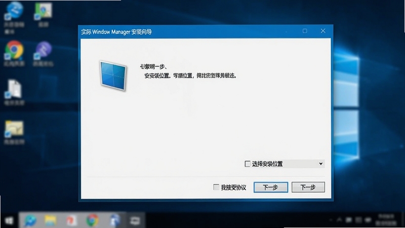 Actual Window Manager 安装向导界面截图,画面显示蓝色主题的安装窗口,包含“下一步”“我接受协议”“选择安装位置”等按钮,背景为模糊的 Windows 桌面,整体风格简洁清晰,适合教程配图