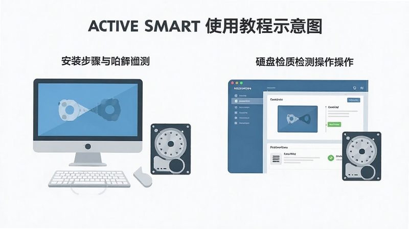 Active Smart 使用教程示意图,展示安装步骤与硬盘检测界面操作,简洁扁平化设计风格,包含电脑与硬盘图标
