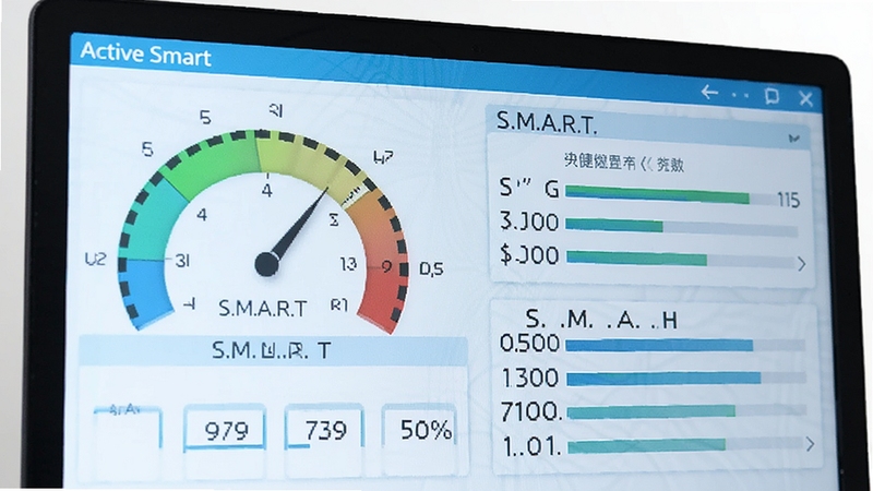Active Smart 软件界面展示硬盘健康状态监测仪表盘与多项 S.M.A.R.T. 参数,科技蓝色调,电脑屏幕特写,简洁现代风格
