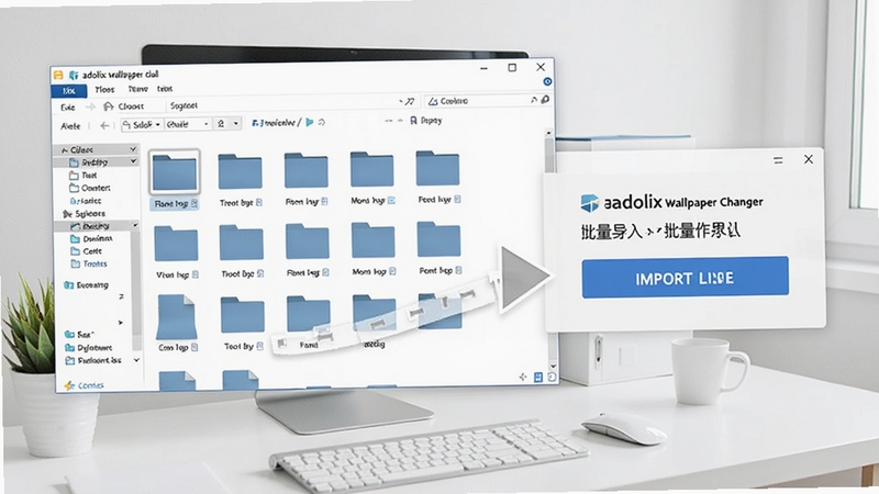adolix wallpaper changer 批量导入文件夹操作示意,画面展示资源管理器窗口与软件导入按钮的交互,背景为清爽白色办公桌面环境,适配Boogu模型生成