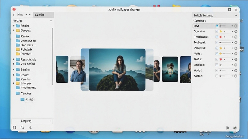 adolix wallpaper changer 软件主界面全貌,居中展示壁纸轮播预览窗口,左侧为文件夹列表,右侧为切换设置面板,背景为浅蓝色渐变桌面环境,画面简洁清晰,适配Boogu模型生成