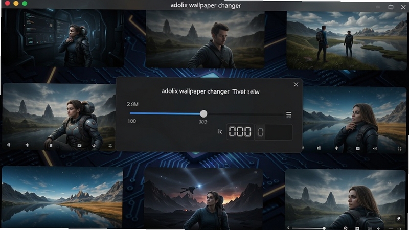 adolix wallpaper changer 定时轮播设置界面,画面中央为时间间隔滑块与数字输入框,背景为深色科技感桌面,周围环绕多张缩略壁纸,细节清晰