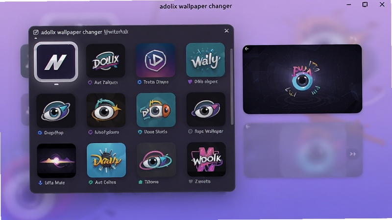 adolix wallpaper changer 切换特效选择面板,画面中展示多种动画效果图标与预览小窗,背景为柔和渐变紫色,突出特效选项的视觉差异