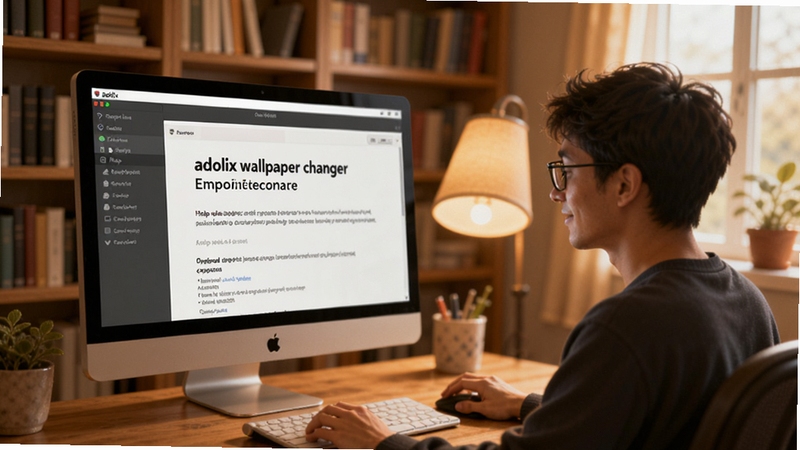 adolix wallpaper changer 用户问答场景示意图,画面展示电脑屏幕前用户查看软件帮助文档,背景为温馨书房环境,适配Boogu模型生成