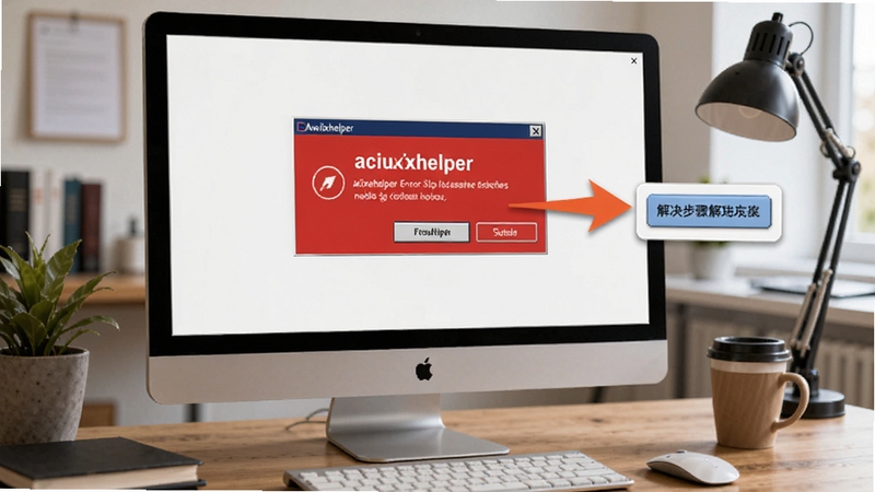 activexhelper 软件运行时的错误提示弹窗与解决步骤示意图,画面展示一个电脑屏幕,屏幕上有红色错误提示框,旁边有箭头指向解决方案按钮,背景是办公桌,风格写实,适配 Boogu 模型生成