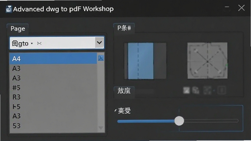 advanced dwg to pdf workshop的输出设置面板,展示页面尺寸下拉菜单和分辨率滑块,界面中有A4、A3等选项,背景为深色主题,体现专业感