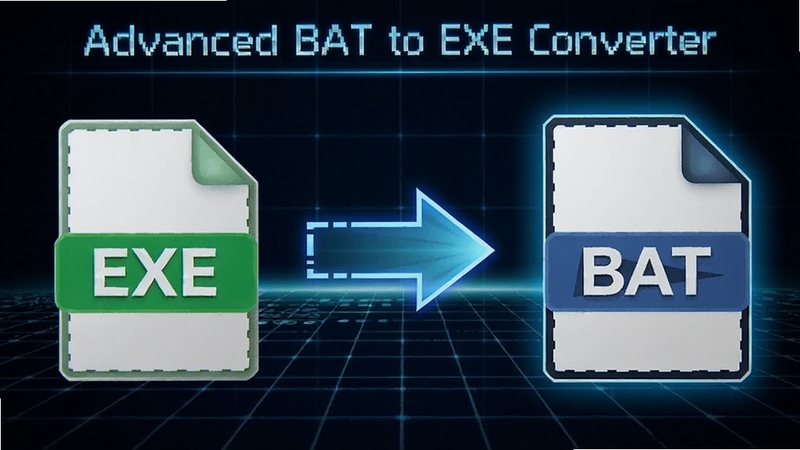 Advanced BAT to EXE Converter转换进度示意图,画面右侧显示BAT文件图标,左侧显示生成的EXE文件图标,中间有箭头连接,背景为深色科技感网格,突出转换过程