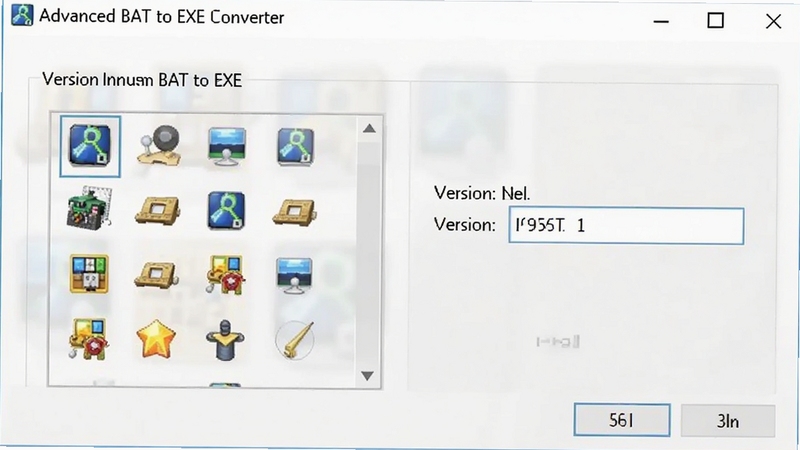 Advanced BAT to EXE Converter版本信息设置面板细节图,展示图标选择框和版本号输入框,背景为干净白色工作区,光线明亮柔和