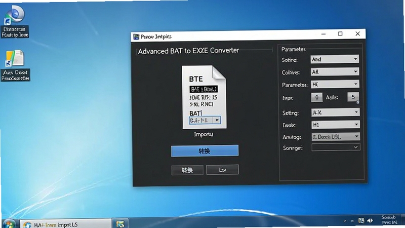 Advanced BAT to EXE Converter软件界面全貌展示,中央位置显示BAT文件导入区域,背景为浅蓝色渐变桌面环境,界面包含转换按钮和参数设置面板,整体风格简洁专业