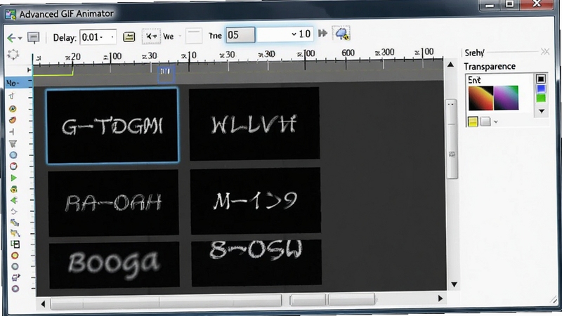 展示Advanced GIF Animator的帧编辑面板,面板上有时间轴刻度、延迟时间输入框、透明色选取器,画面中有一组正在编辑的GIF帧,每帧显示不同的文字变化效果,背景为深色工作区,界面元素带有轻微发光效果,风格为专业软件操作界面特写,适配Boogu模型生成