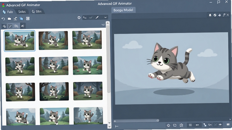Advanced GIF Animator软件界面特写,展示左侧帧列表区域,多个不同图片缩略图整齐排列,右侧为动画预览窗口,画面中有一只卡通小猫在跳跃,整体色调为柔和的蓝灰色,界面元素清晰锐利,风格为软件功能演示截图,适配Boogu模型生成