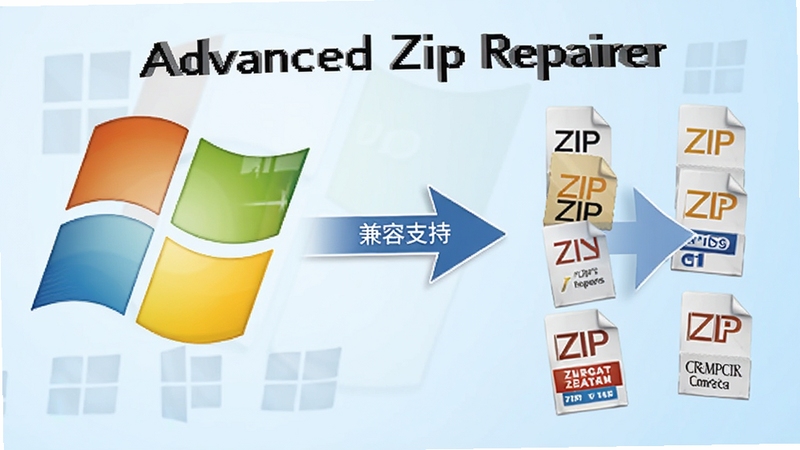 Advanced Zip Repairer 兼容性展示图,画面左侧为Windows系统图标矩阵,右侧为不同来源的ZIP压缩包图标,中间以箭头连接表示兼容支持,背景为浅蓝色渐变,风格简洁明快