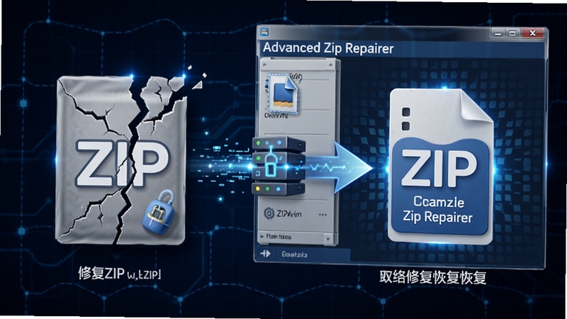 Advanced Zip Repairer 修复ZIP文件原理示意图,画面展示一个破损的ZIP压缩包图标经过软件处理后变为完整文件的过程,背景为深蓝色科技网格,突出数据修复与恢复的视觉效果