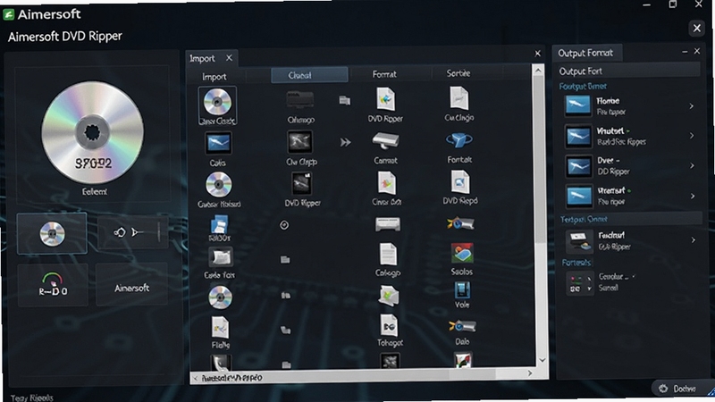 Aimersoft DVD Ripper 软件主界面展示光盘导入与格式选择区域,屏幕中央为文件列表,右侧为输出格式面板,整体为深色科技风格,画面清晰整洁