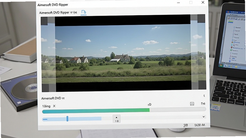 Aimersoft DVD Ripper 转换进度界面,画面显示视频预览窗口与进度条,背景为浅灰色办公桌面,旁边摆放光盘盒与笔记本电脑,整体氛围居家实用