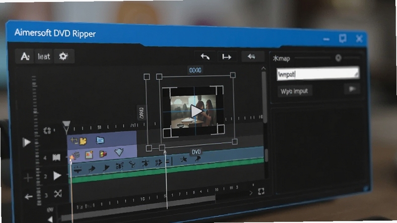 Aimersoft DVD Ripper 视频编辑面板特写,展示时间轴、裁剪框与水印输入框,界面为蓝色高亮风格,背景虚化处理,突出操作区域细节