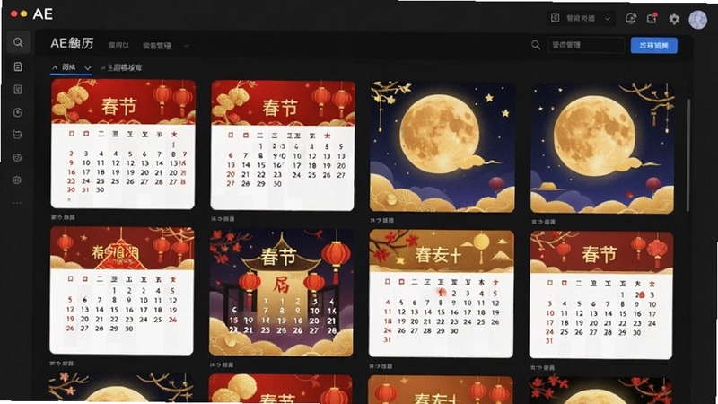 AE日历制作节日主题模板库界面,画面展示多个节日日历缩略图排列,包含春节红色主题与中秋金色主题,背景为深色模板管理面板,整体视觉效果丰富