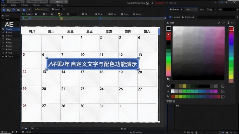 AE日历制作自定义文字与配色功能演示,画面中日历上的文字被高亮选中,右侧调色板展开,背景为AE合成预览窗口,展示颜色实时变化效果