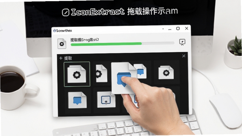 AIconExtract拖拽操作示意图,画面展示一只手将文件图标拖入软件窗口,窗口内显示提取进度条和图标预览,背景为简约的白色办公桌面风格,突出操作的简便流畅