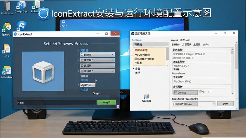 AIconExtract安装与运行环境配置示意图,画面展示软件安装向导界面和系统兼容性设置窗口,背景为电脑桌面环境,突出安装过程中的关键选项和注意事项