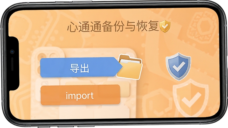 心通通备份与恢复界面,手机屏幕显示导出和导入按钮,旁边有文件夹和盾牌图标,背景为浅橙色,给人安全可靠的感觉
