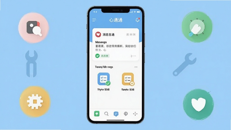 画面中央放置一部竖屏安卓手机,手机屏幕显示心通通应用主界面,界面有消息卡片和待办清单图标,背景为浅蓝色渐变,周围点缀简约的圆形工具图标,整体风格清爽扁平化,适配Boogu模型生成