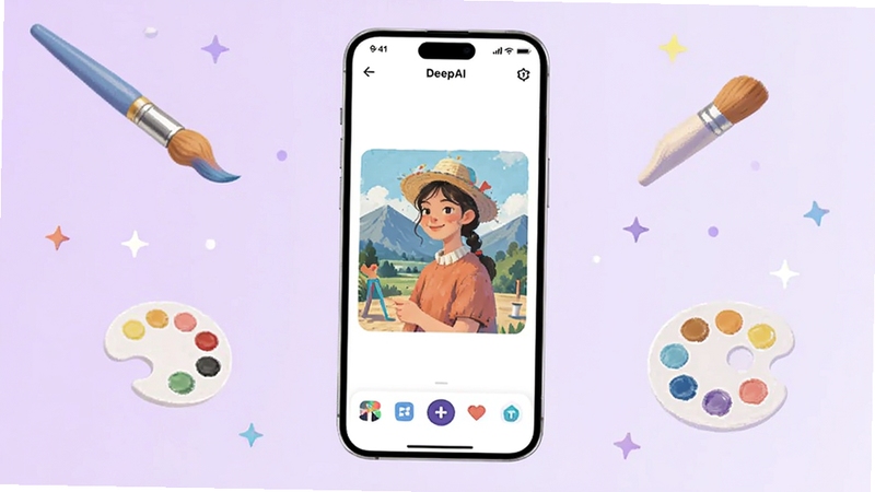 画面主体为一部智能手机居中显示,屏幕中展示DeepAI智能绘画应用的创作界面,背景区域为柔和的浅紫色渐变,点缀少量漂浮的画笔与调色盘元素,整体风格清新明快,适配Boogu模型生成