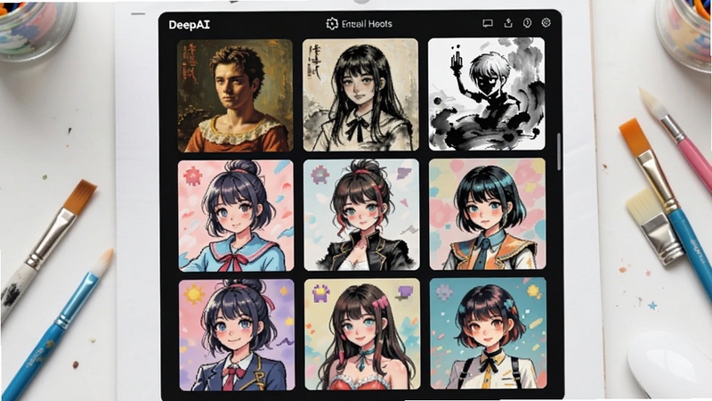 画面主体为DeepAI智能绘画的风格选择界面,九宫格排列展示动漫、油画、水墨、像素等不同风格缩略图,背景区域为干净的白色工作台面,点缀几支彩色画笔,整体构图简洁有序