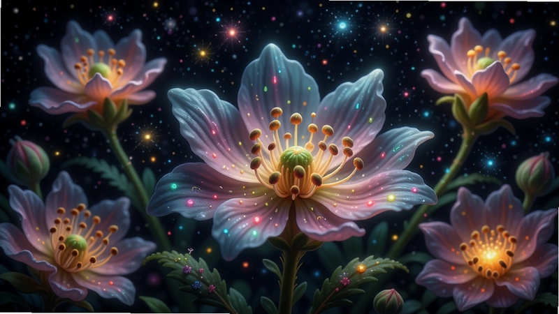 一幅由DeepAI智能绘画生成的高清数字艺术作品,画面主体为盛开的奇幻花朵与飞舞的光点,背景区域为深邃的星空,色彩饱和度高,细节精致,展现AI绘画的精细表现力